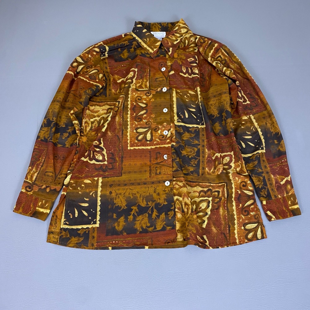 Vintage TESS Blouse Large Abstract Patchwork Paisley Button Up Earthy Brown 90s